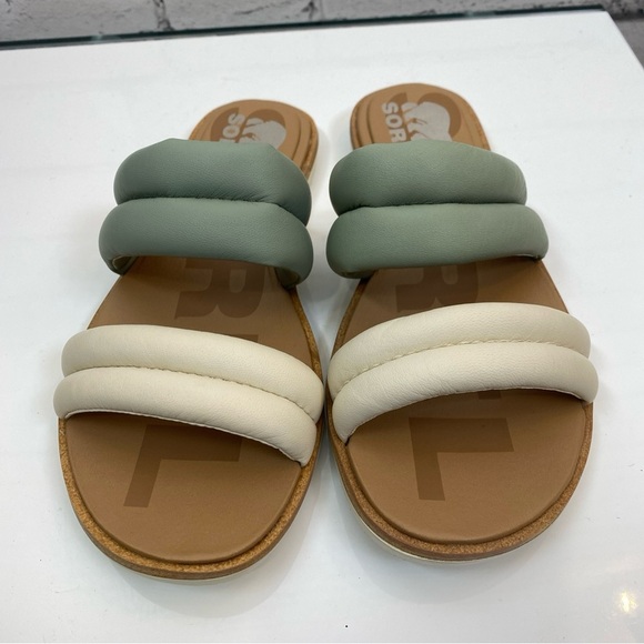 Sorel Ella II Puffer Slide Sandals Black Flat Sole Leather Cream & Green Size 6 - Picture 3 of 11